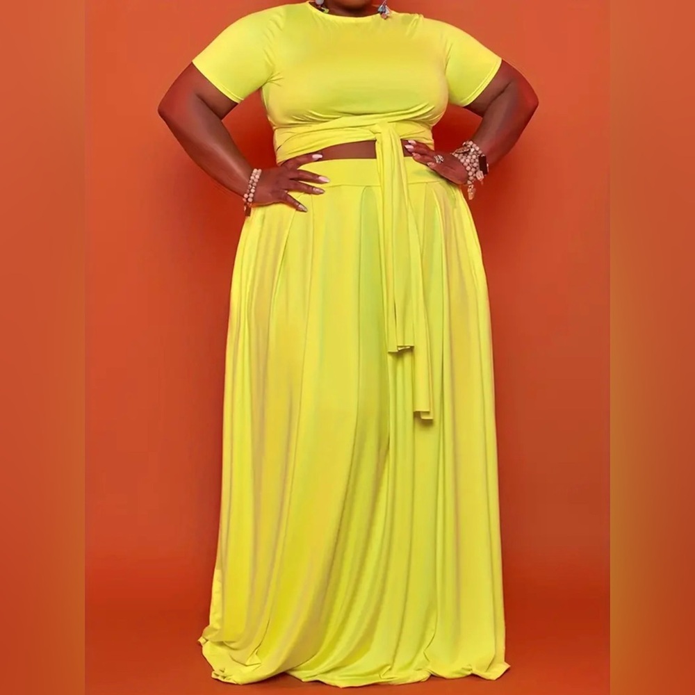 Plus Size Women's Plus Plain Short Sleeve Crop Top Side Knot & Maxi Skirt - Picture 12 of 13